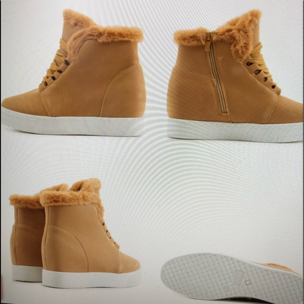 Sheikh Bamboo Rise-18 fur wedge sneakers in camel nib sz 6